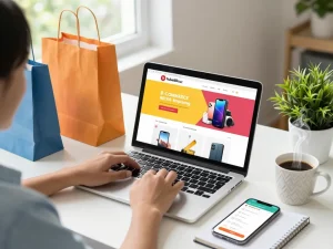 Engaging shopping experience at https://hubet88.icu/ showcasing vibrant product displays and a cheerful workspace.
