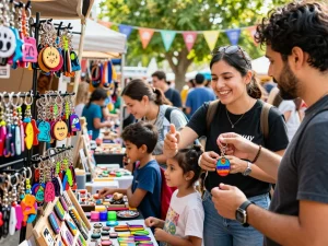 Custom keychain shopping at a lively outdoor market featuring diverse designs and vibrant colors.