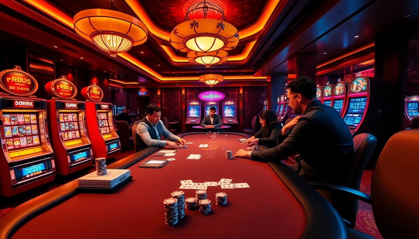 68win players thrill in luxury casino gaming with high-stakes poker and vibrant slot machines.