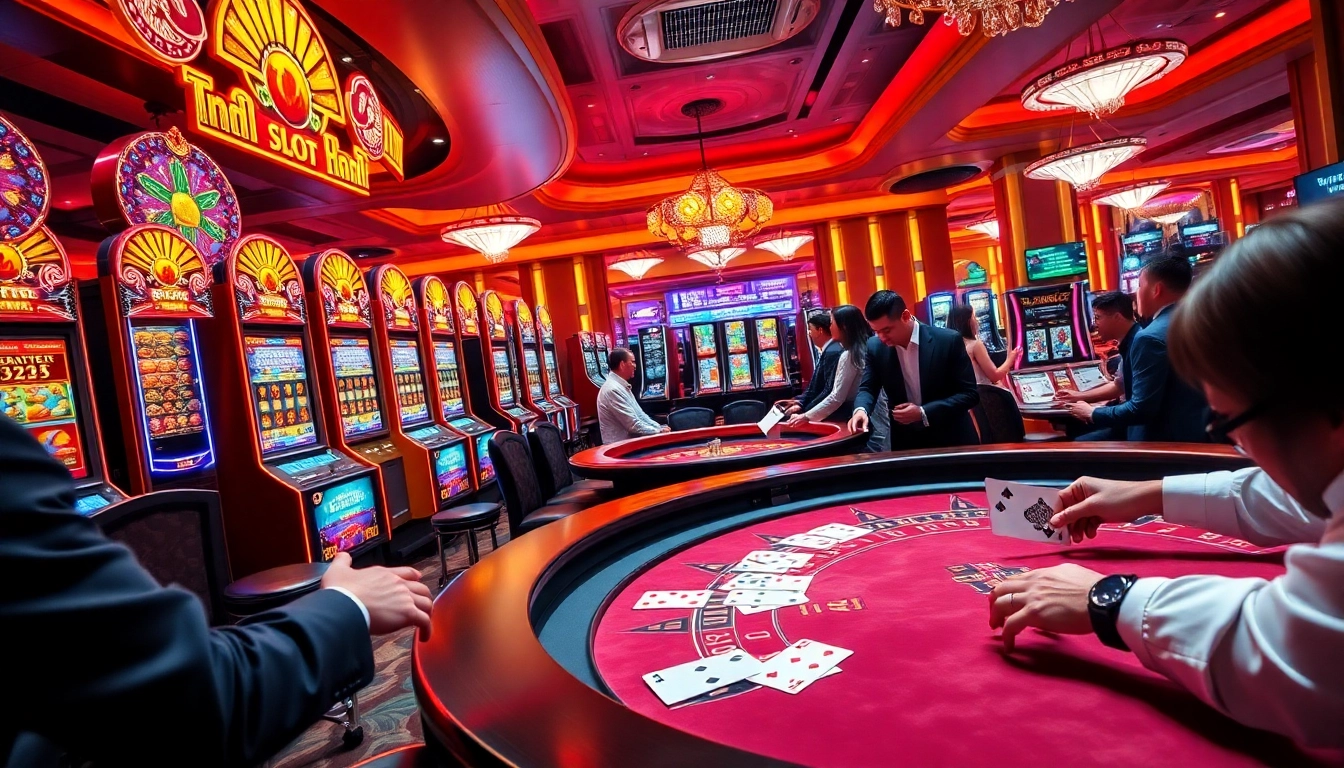 IDNSlot gaming excitement with vibrant slot machines and high-stakes poker tables in a luxurious casino atmosphere