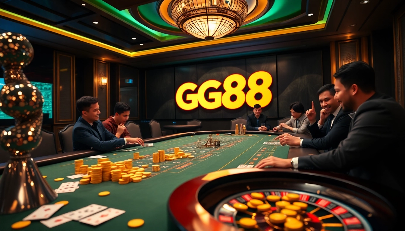 Casino players enjoying the thrilling atmosphere at GG88's luxurious poker table.