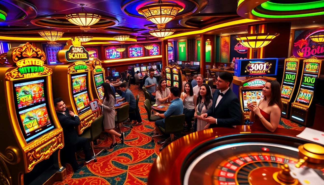 Players celebrating their wins at a vibrant slot machine featuring scatter hitam symbol in a luxurious casino setting.