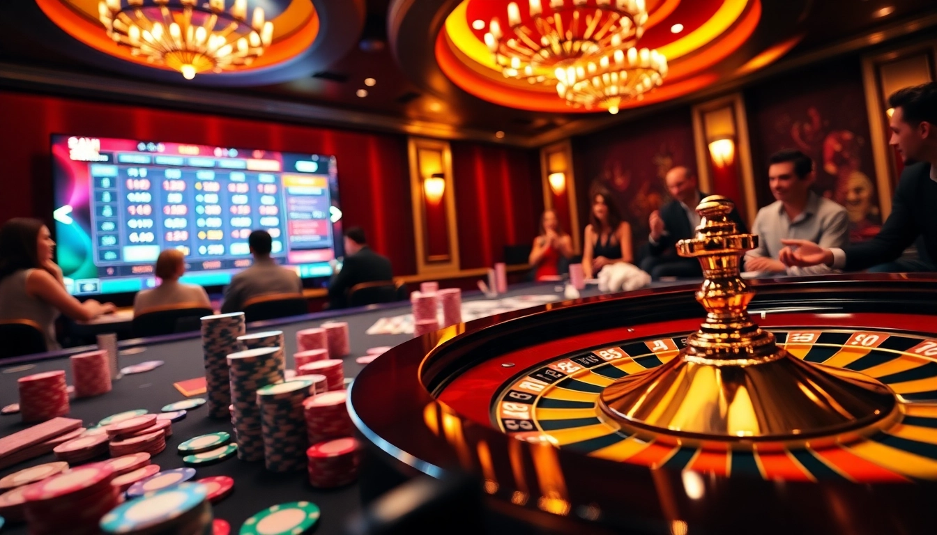 A thrilling casino scene with poker chips and a roulette wheel at Nhà cái 13win, highlighting the excitement of gambling.