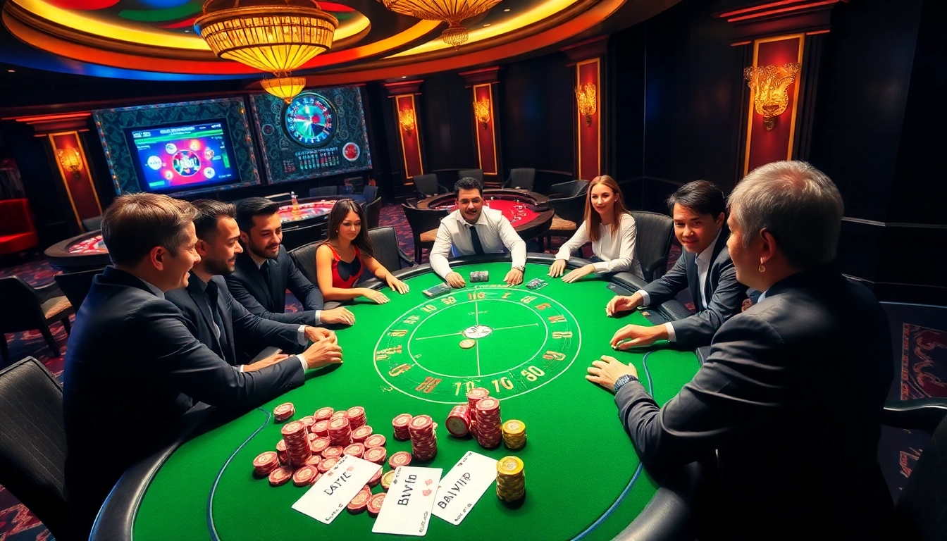 Bayvip players enjoying a lively poker game with colorful chips and a spinning roulette wheel.