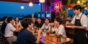 Dynamic 제주유흥 nightlife atmosphere with friends celebrating at a lively bar.