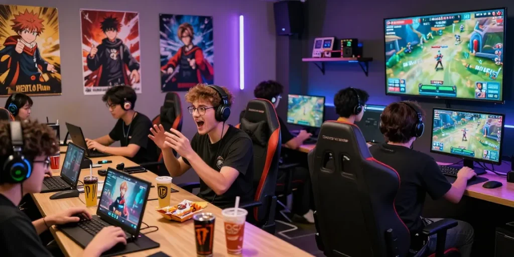 Gamers engaging with the Status app in a lively gaming lounge, showcasing interaction with popular characters.