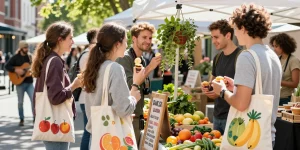 Group enjoying a vibrant outdoor market experience, discovering fresh produce and handmade goods, promoting community engagement and sustainability through shopping.