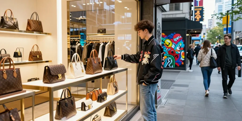 Shopping for high-quality 레플리카 fashion items in a vibrant urban store.