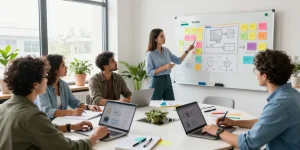 Collaborative team using mixboard for creative project planning in a modern office space.