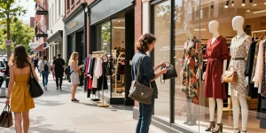 Engaging scene at a 레플리카 쇼핑몰 with customers browsing premium replica fashion items in an urban setting.