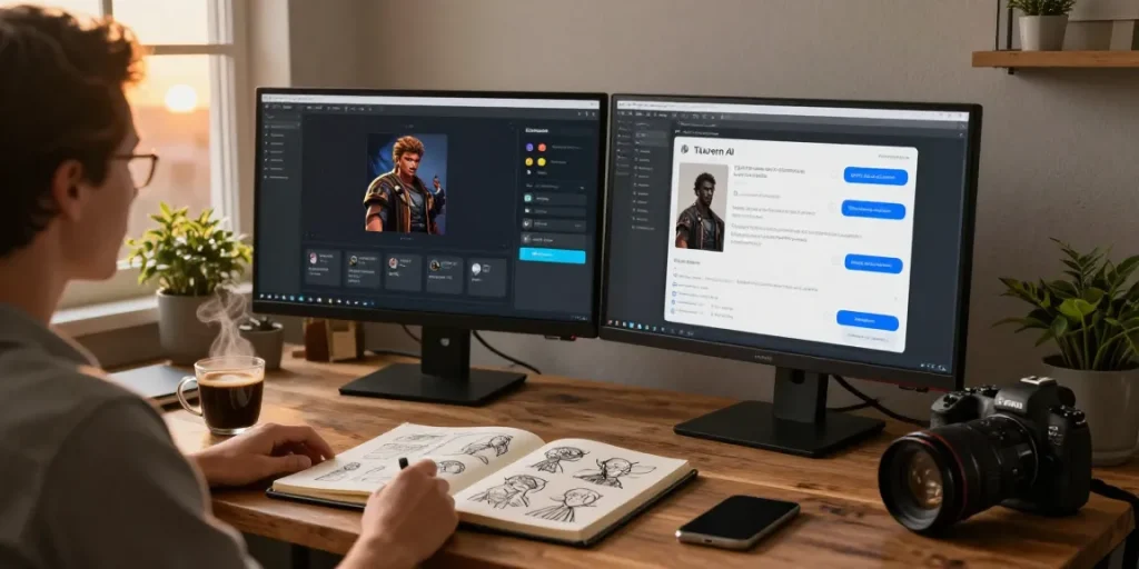 Engaging user workspace with Tavern AI character creation tools and cozy ambiance.