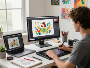 Digital artist using nano banana AI image editor with vibrant artwork in modern workspace.