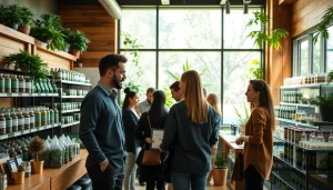 Customers engaging with geekthc cannabis products at a welcoming dispensary.