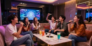 Group enjoying 강남 가라오케 nightlife in a luxurious private karaoke room.