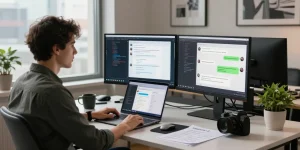 KoboldAI user engaging in intelligent chat on dual monitors in a modern workspace.