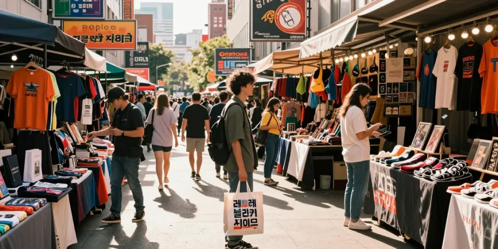 Shopping in a vibrant marketplace featuring 다양한 레플리카 사이트 products and stylish streetwear.