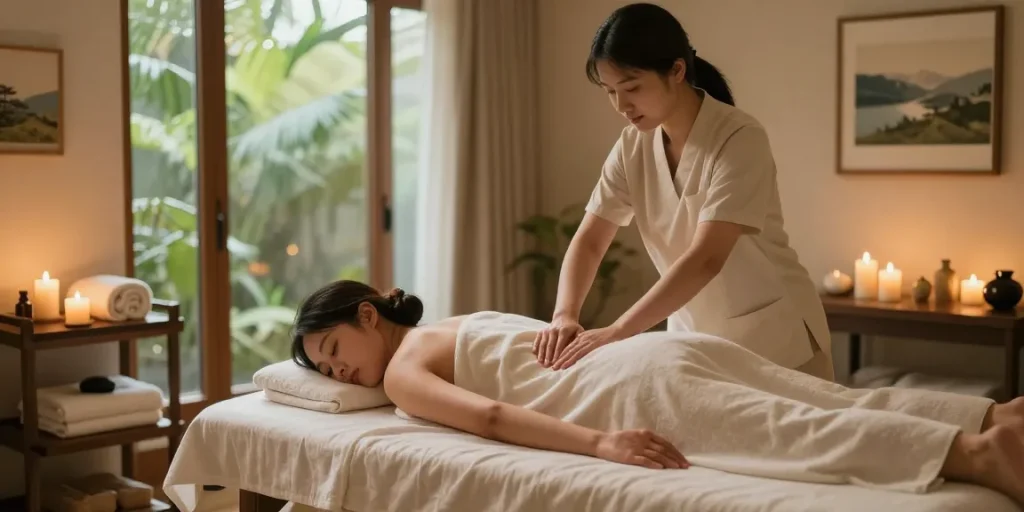 Skilled therapist performing 스웨디시 massage in a soothing spa setting.