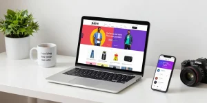 Customer engaging with an online shopping experience, browsing products at https://forumup.org/shop/search.php?ca_id=&addr1=&addr2=&addr3=&schKeyword= in a stylish workspace.