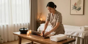 Tranquil 구로마사지 therapy room featuring essential oils, relaxing atmosphere, and inviting massage bed.