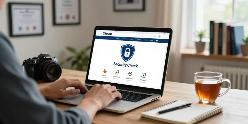 Secure browsing at https://shs-dome5.com/ with a laptop on a tidy desk, indicating safety checks.