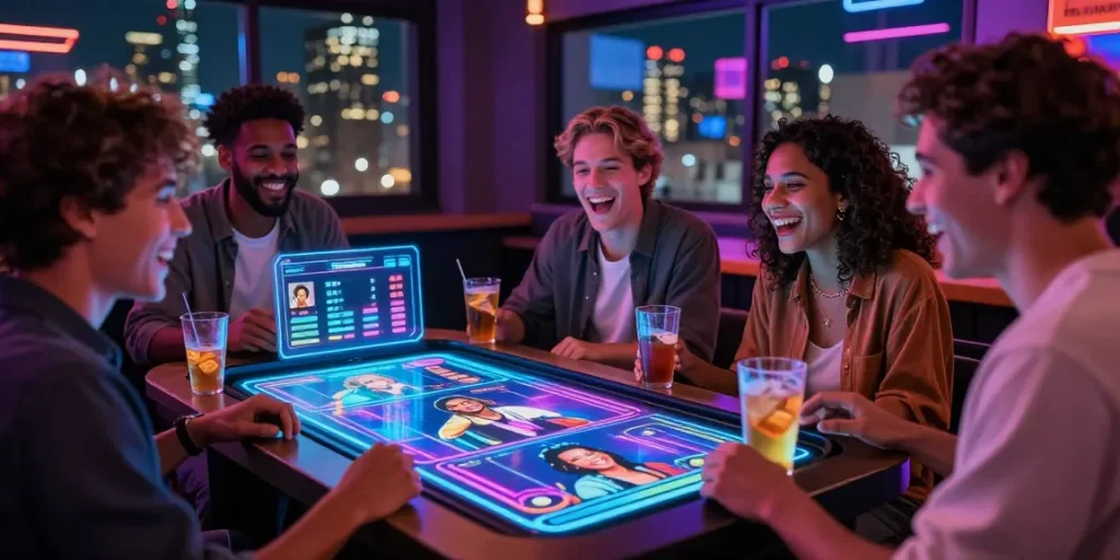 Friends enjoying a lively Smash or Pass AI game experience in an urban nightlife setting with holographic displays.