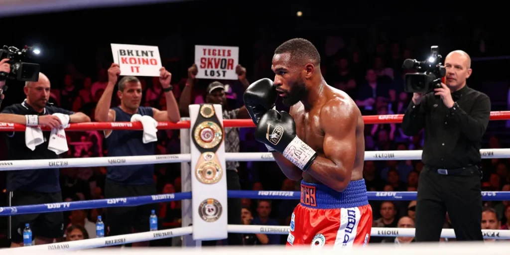 Boxer in the ring showcasing determination to become the undisputed champion during a high-stakes match.