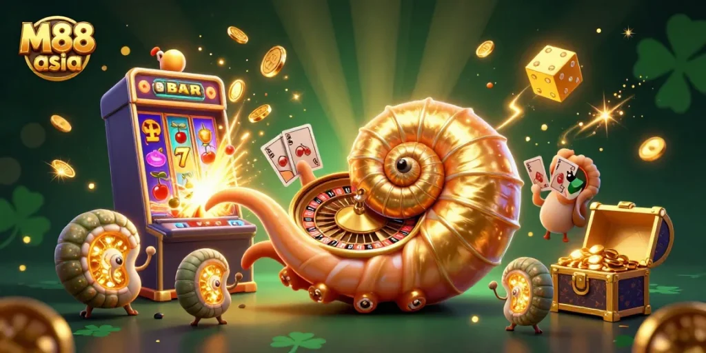 Experience thrilling gameplay with M88 asia, showcasing a vibrant 3D casino scene filled with slots and cards.