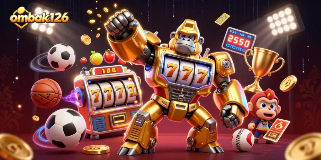 Experience thrilling gameplay with ombak126's vibrant 3D casino elements showcasing jackpots and winning mechanics.