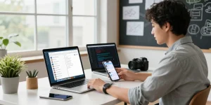 Telegram中文版下载 on multiple devices in a sleek modern workspace.