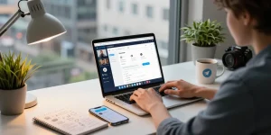 Person engaging on Telegram Web Version at a sleek workspace, highlighting efficient remote communication.
