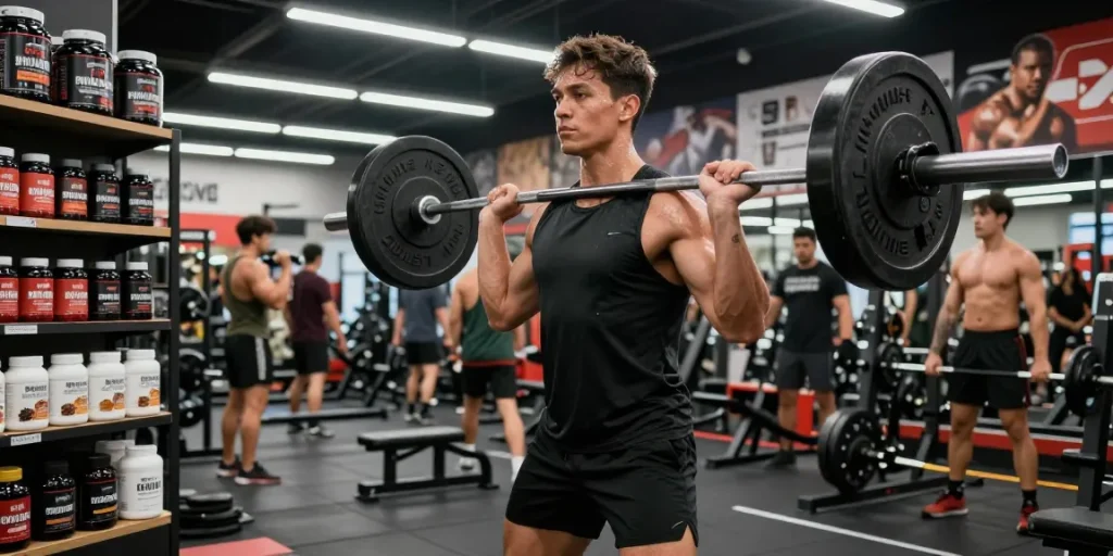 Athletic individual training at a gym representing Unique Pharma Steroid Shop with fitness supplements in a vibrant atmosphere