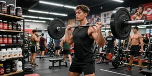 Athletic individual training at a gym representing Unique Pharma Steroid Shop with fitness supplements in a vibrant atmosphere