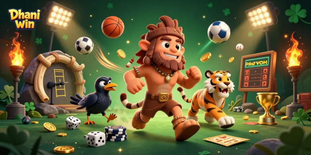 Dhani win casino illustration featuring a caveman, sabertooth tiger, and crow with sports elements.