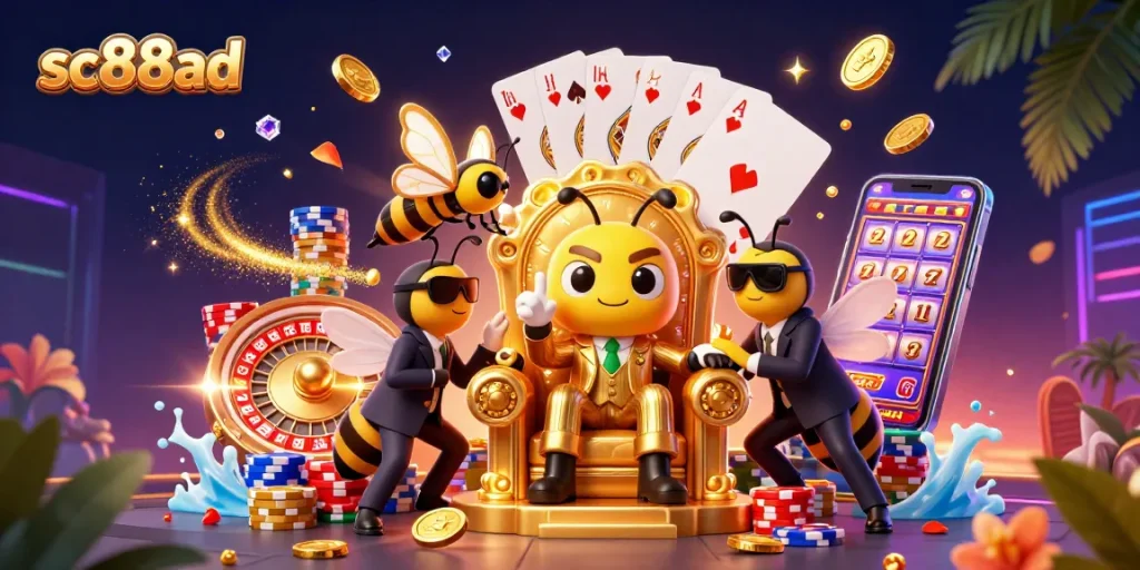 Join the excitement at sc88ad with a dynamic casino illustration showcasing lively characters and game elements.