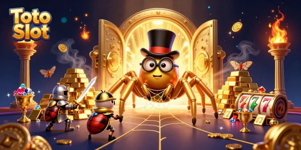 Engage with Toto Slot in this vibrant 3D scene featuring a golden tarantula and knight.