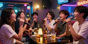 제주유흥을 즐기는 친구들, 카라오케룸에서 활기찬 밤을 만끽하는 모습