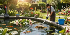 Pond Clean Surrey service demonstrating professional pond cleaning with a technician removing algae in a serene garden setting.