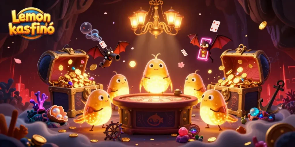 A Lemon kaszinó világát idéző 3D illusztráció, ahol lágy fények és sokszínű ékszerek varázsolják el a játékosokat.