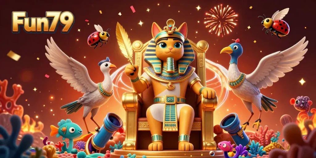 Fun79 features an engaging scene with a pharaoh cat and gaming elements that excite fishing game enthusiasts.