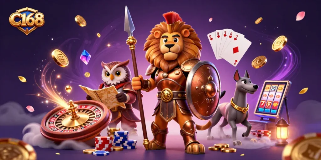 C168 brings thrilling casino action with a heroic Spartan lion, a tactical owl, and a swift greyhound amidst dynamic gambling elements.