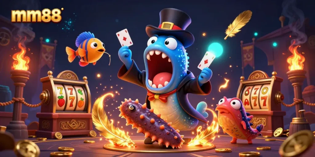 mm88 slot reels illuminate a vibrant underwater casino scene with whimsical creatures performing tricks