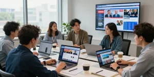 Diverse journalists collaborating in a bright newsroom showcasing news updates from https://www.theindaily.com.
